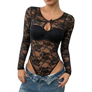 Women Lace Long Sleeve Bodysuit Black Size Small Mesh Keyhole Cutout